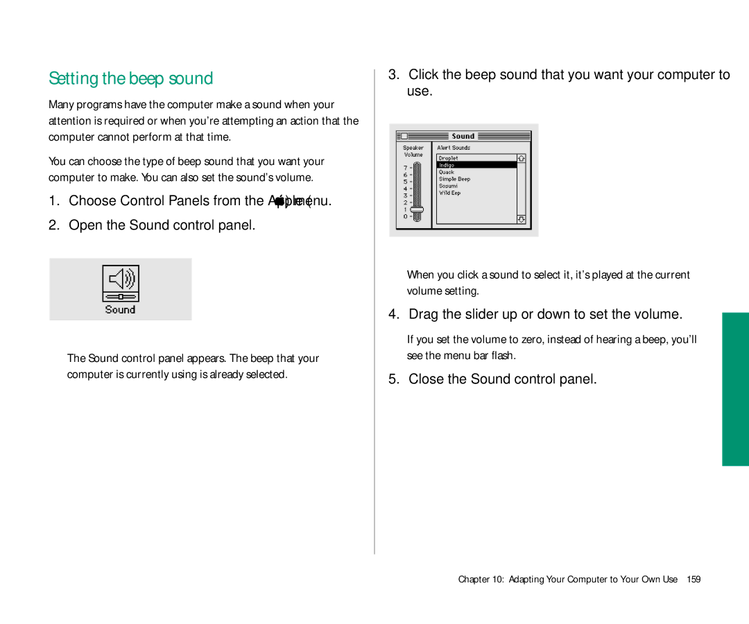 Apple 145 Setting the beep sound, Click the beep sound that you want your computer to use, Close the Sound control panel 