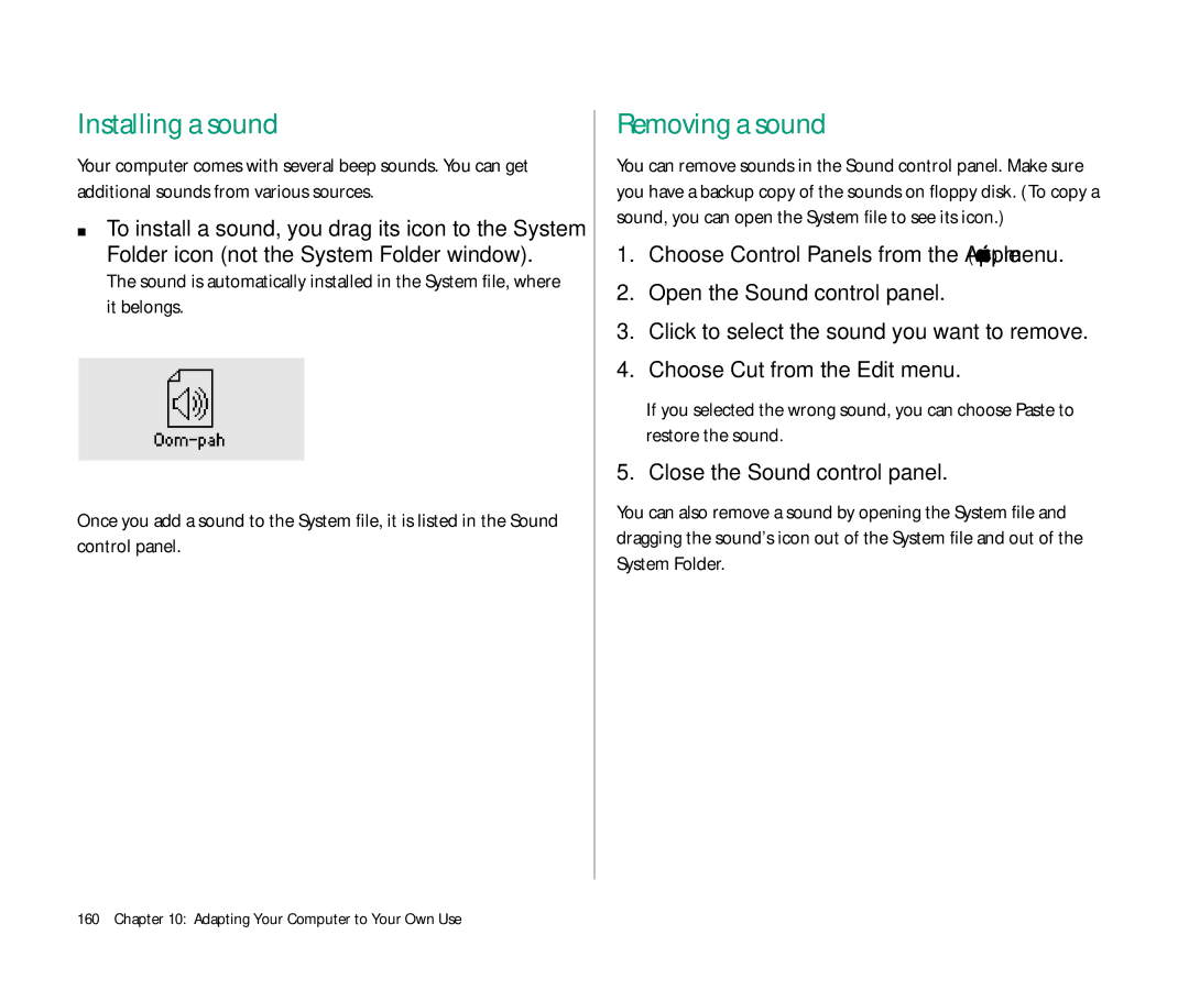 Apple 145 manual Installing a sound, Removing a sound 