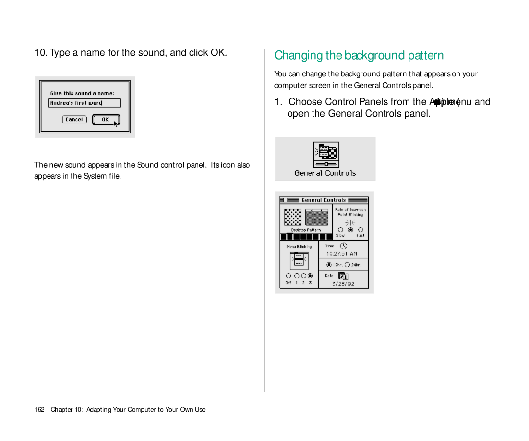 Apple 145 manual Changing the background pattern, Type a name for the sound, and click OK 