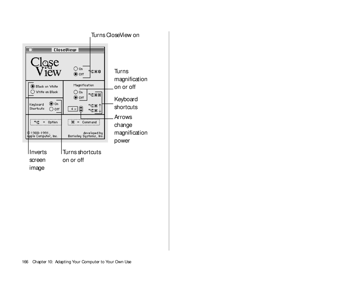 Apple 145 manual Turns CloseView on, Inverts screen image 