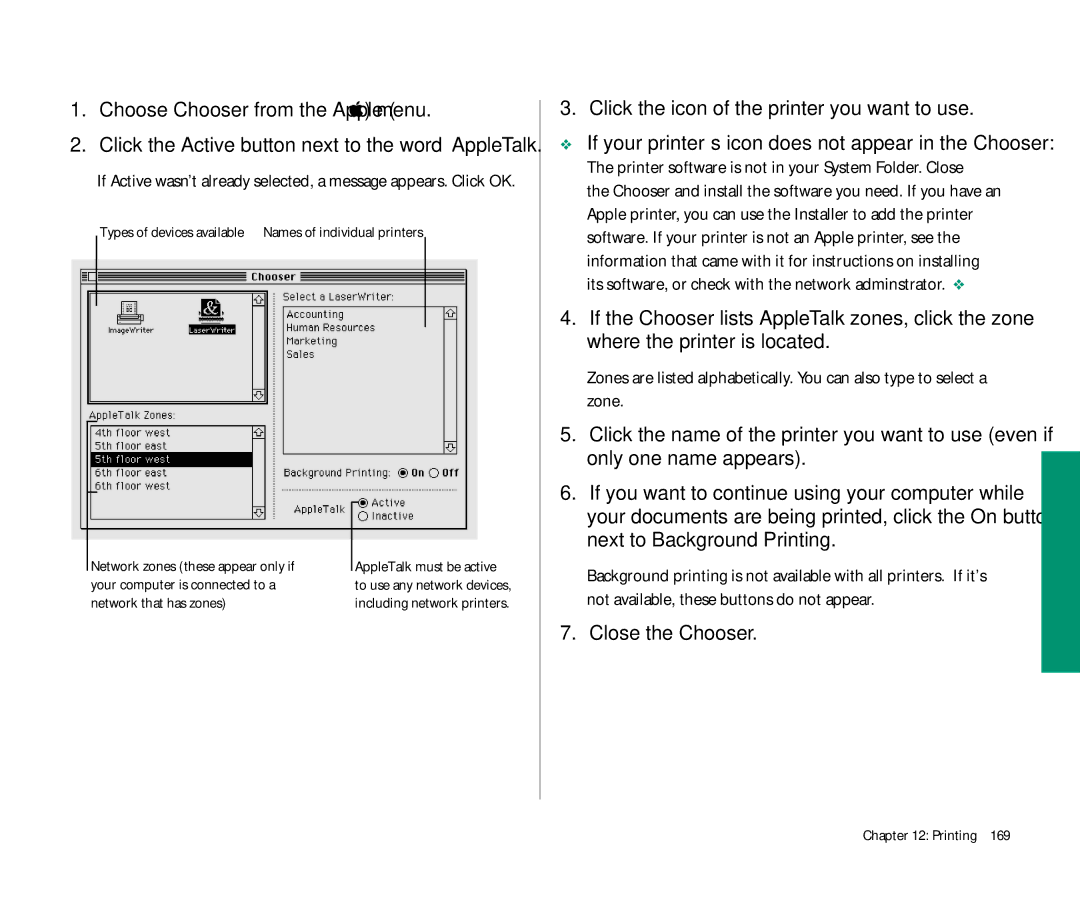 Apple 145 manual Choose Chooser from the Apple K menu, Click the icon of the printer you want to use, Close the Chooser 