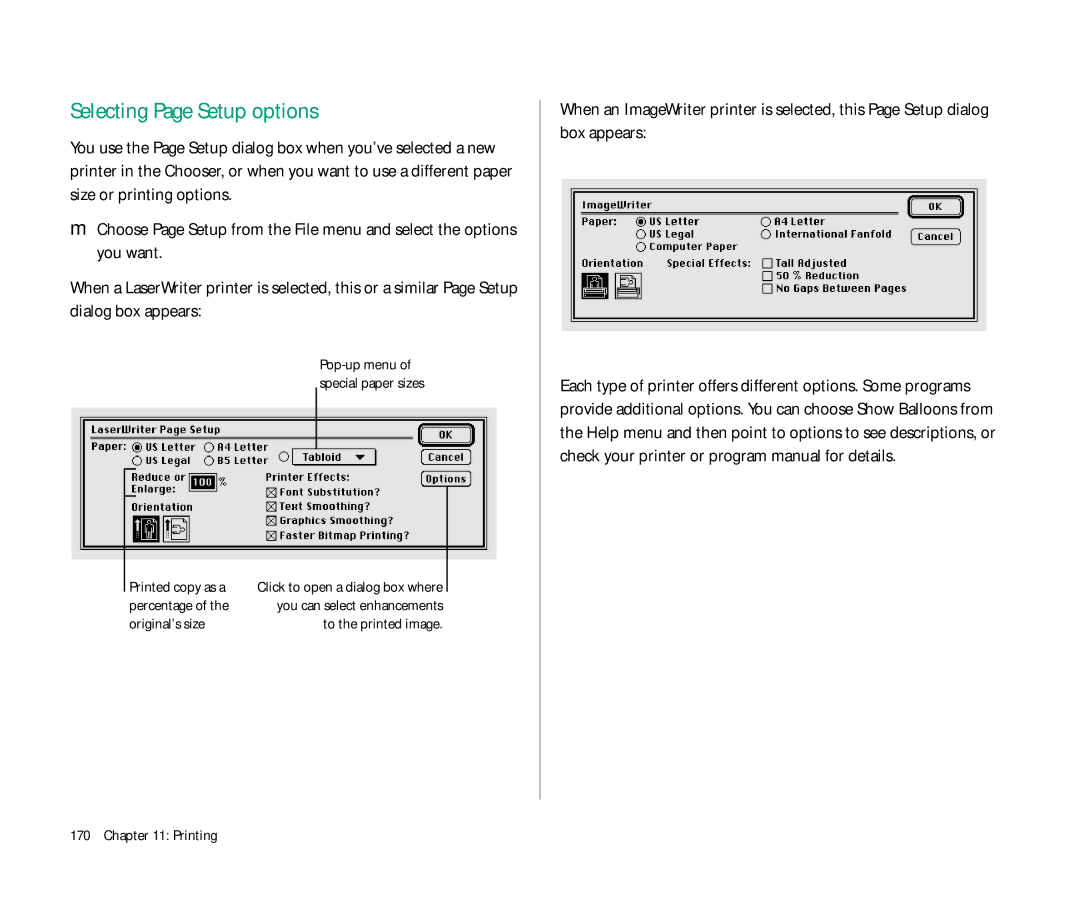 Apple 145 manual Selecting Page Setup options, Printed copy as a, Percentage, Original’s size To the printed image 