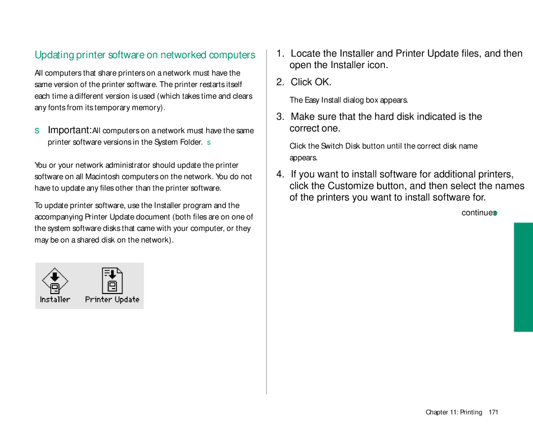 Apple 145 Updating printer software on networked computers, Make sure that the hard disk indicated is the correct one 