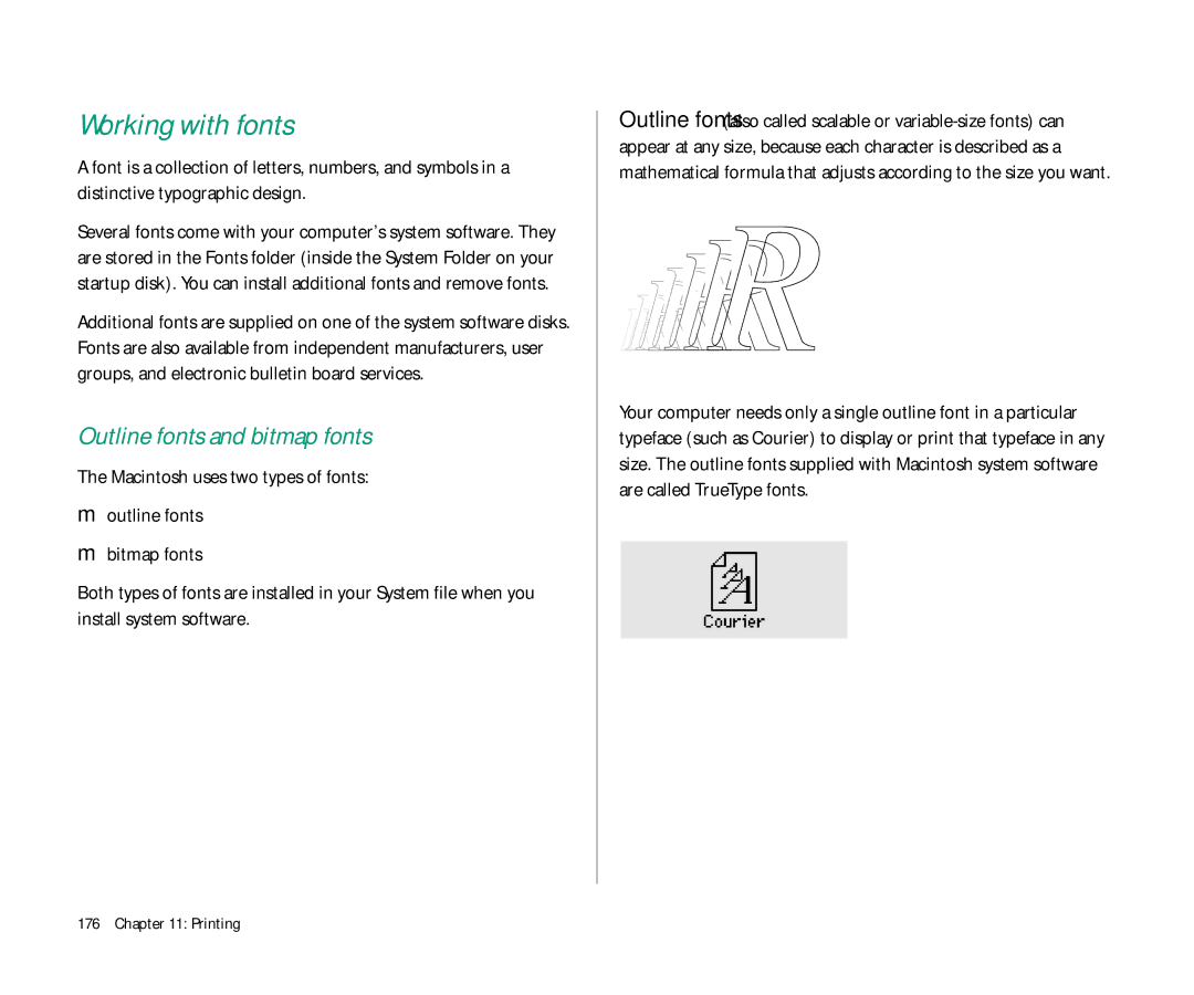 Apple 145 manual Working with fonts, Outline fonts and bitmap fonts 