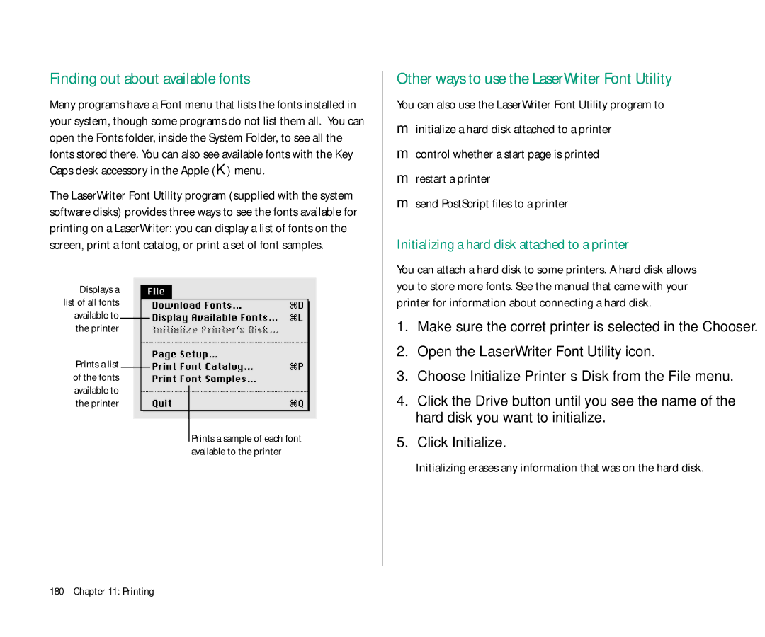 Apple 145 manual Finding out about available fonts, Other ways to use the LaserWriter Font Utility, Click Initialize 