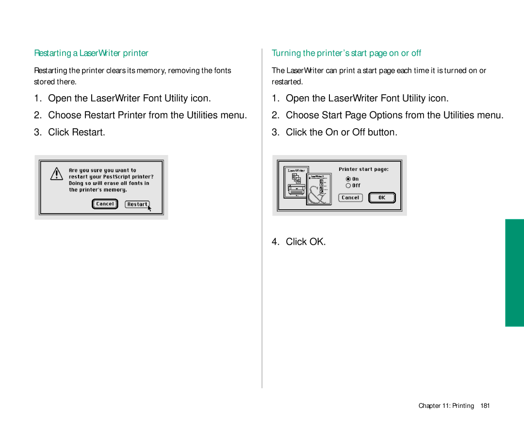 Apple 145 manual Restarting a LaserWriter printer, Turning the printer’s start page on or off 