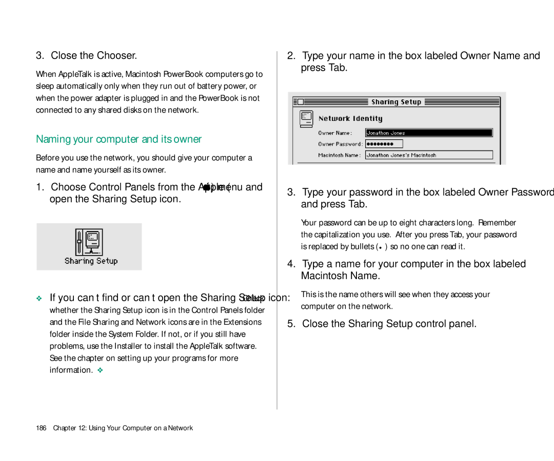 Apple 145 manual Naming your computer and its owner, Close the Sharing Setup control panel 