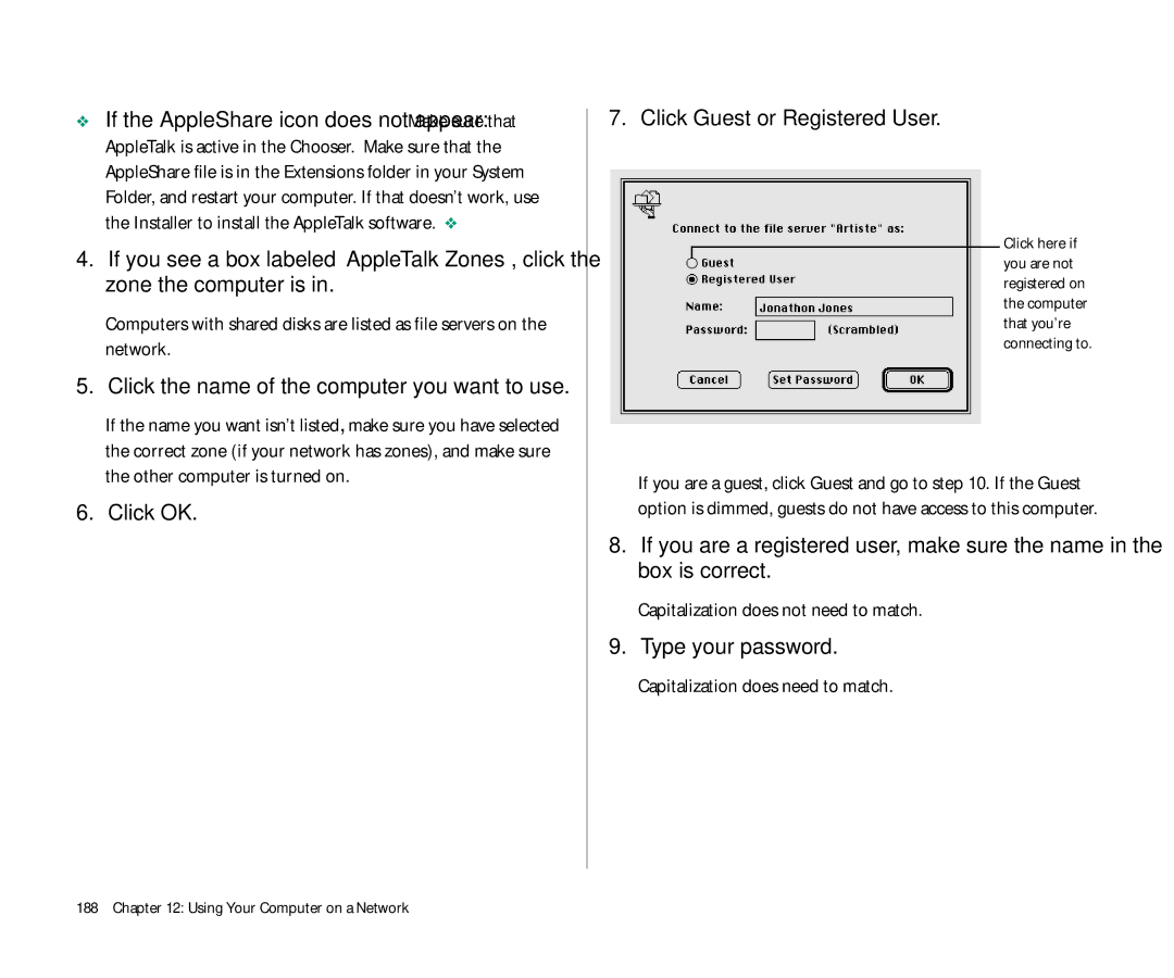 Apple 145 manual Click the name of the computer you want to use, Click OK Click Guest or Registered User 