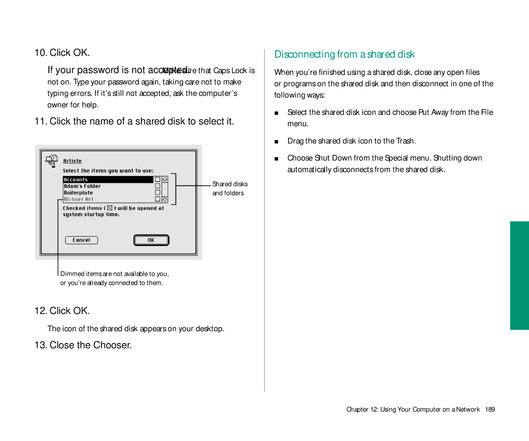 Apple 145 manual Disconnecting from a shared disk, Click the name of a shared disk to select it 