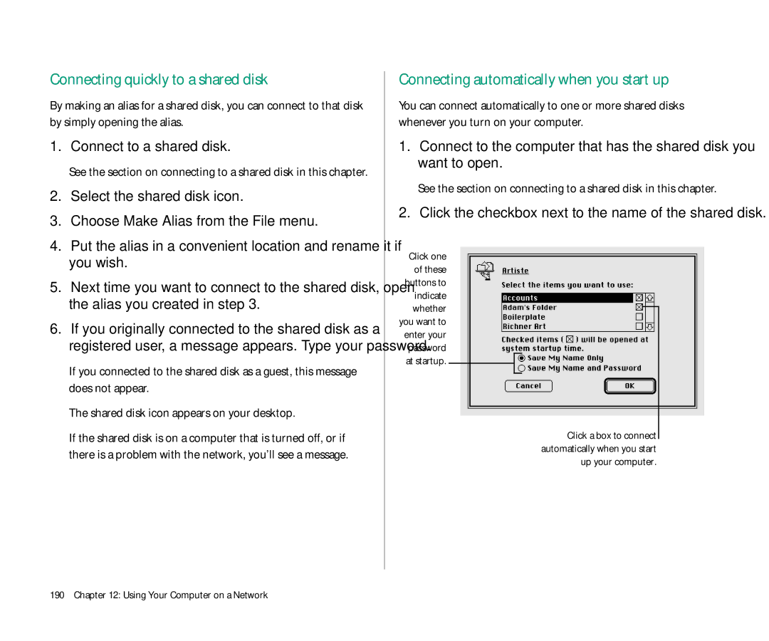 Apple 145 manual Connecting quickly to a shared disk, Connecting automatically when you start up, Connect to a shared disk 