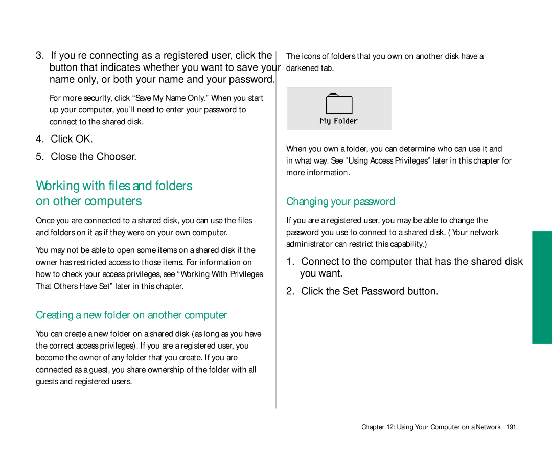 Apple 145 manual Creating a new folder on another computer, Changing your password, Click OK Close the Chooser 