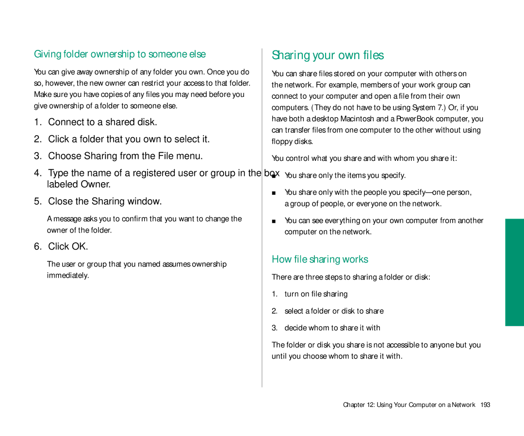 Apple 145 manual Sharing your own files, Giving folder ownership to someone else, How file sharing works 