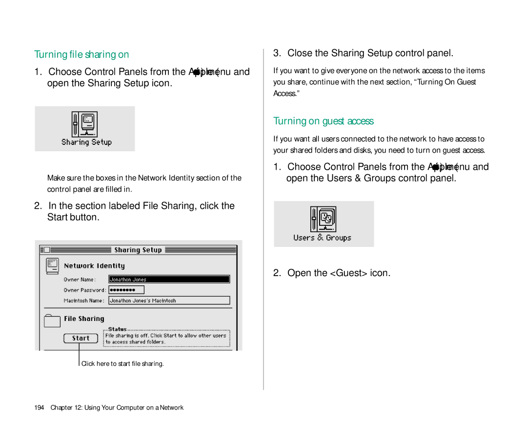 Apple 145 manual Turning file sharing on, Turning on guest access, Section labeled File Sharing, click the Start button 