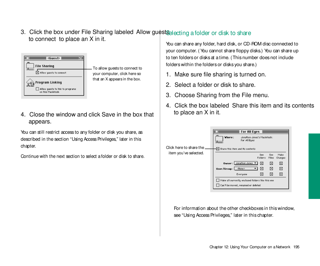 Apple 145 manual Selecting a folder or disk to share, Close the window and click Save in the box that appears 