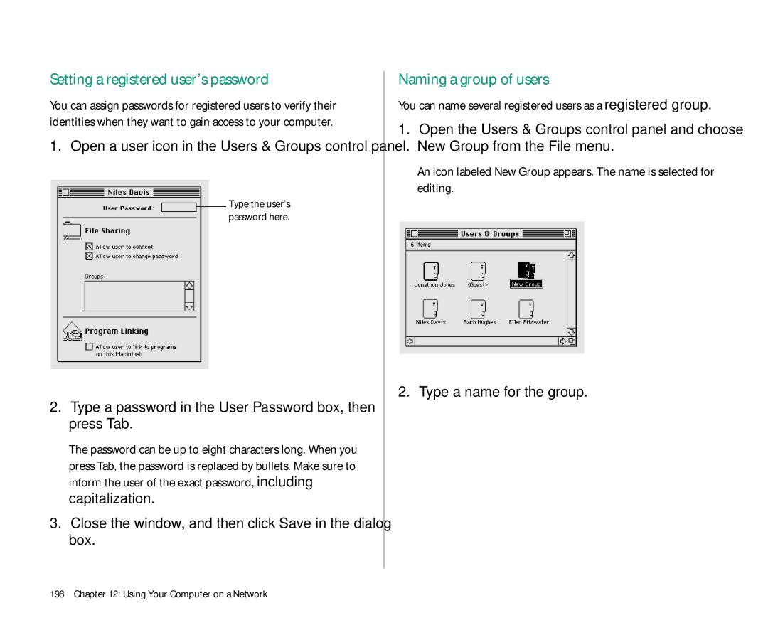 Apple 145 manual Setting a registered user’s password, Naming a group of users, Type a name for the group 