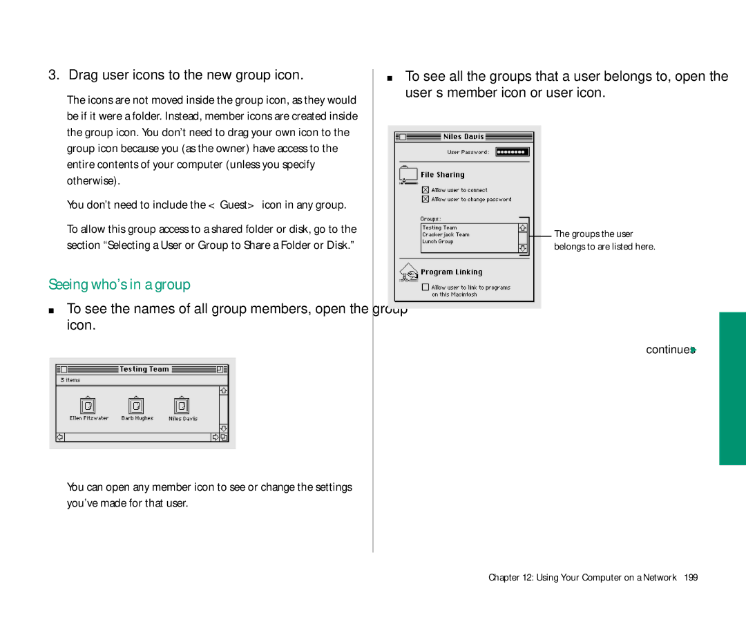 Apple 145 manual Seeing who’s in a group, Drag user icons to the new group icon 