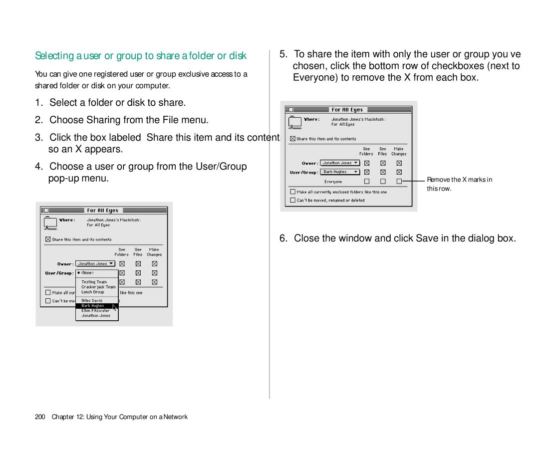 Apple 145 manual Selecting a user or group to share a folder or disk, Close the window and click Save in the dialog box 