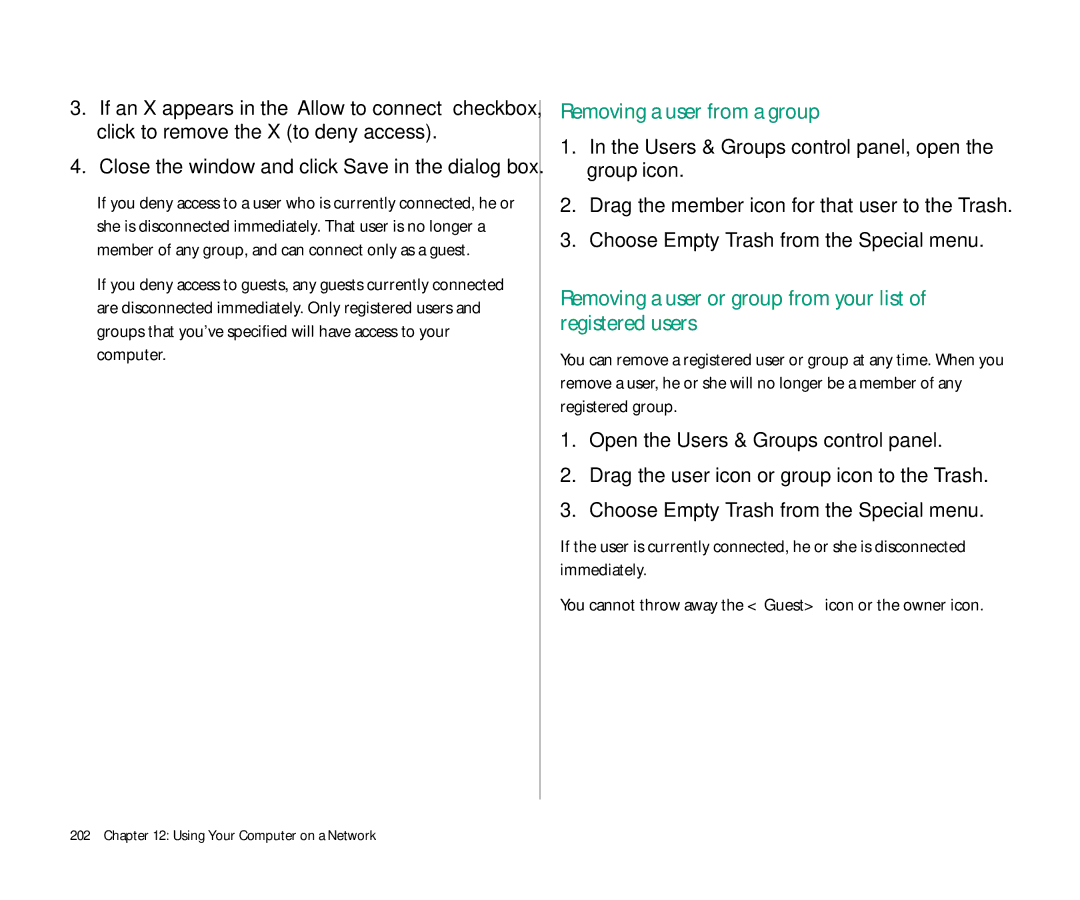 Apple 145 manual Removing a user from a group, Removing a user or group from your list of registered users 