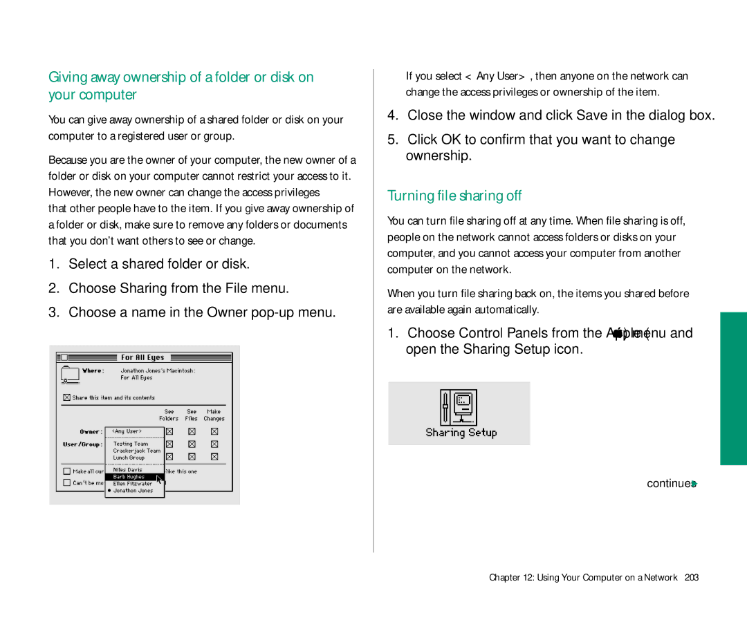 Apple 145 manual Giving away ownership of a folder or disk on your computer, Turning file sharing off 