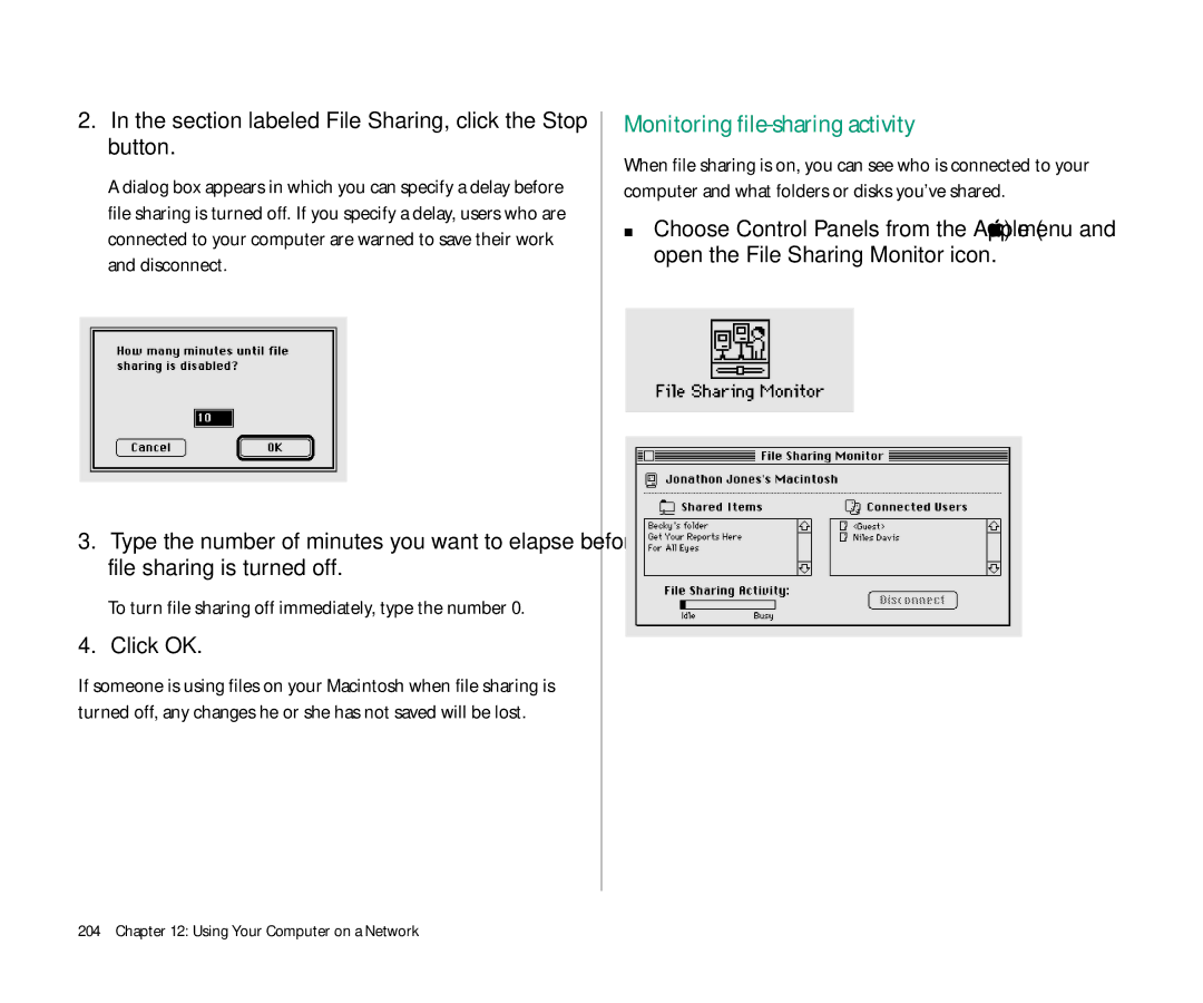 Apple 145 manual Monitoring file-sharing activity, Section labeled File Sharing, click the Stop button 