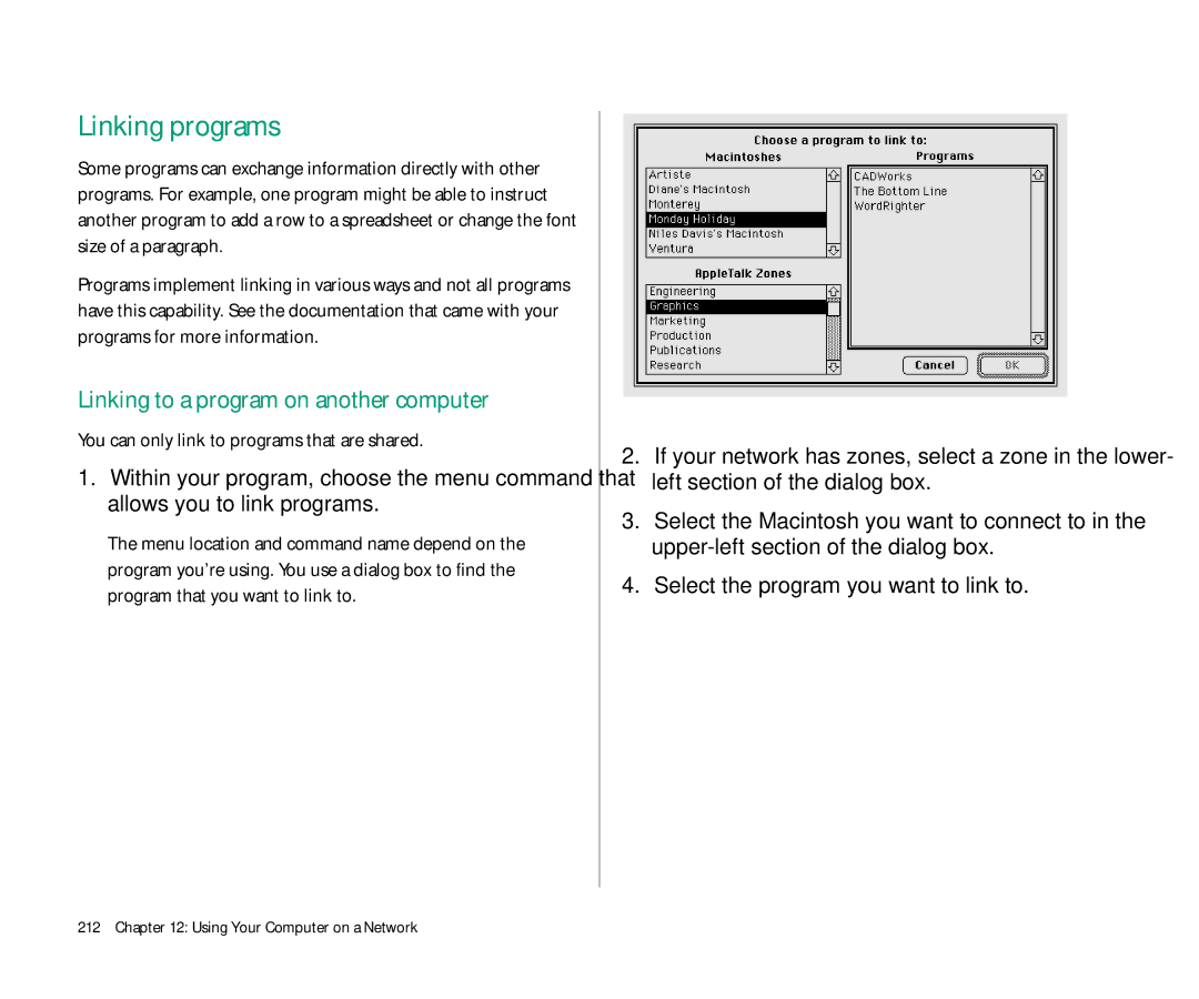 Apple 145 manual Linking programs, Linking to a program on another computer, You can only link to programs that are shared 