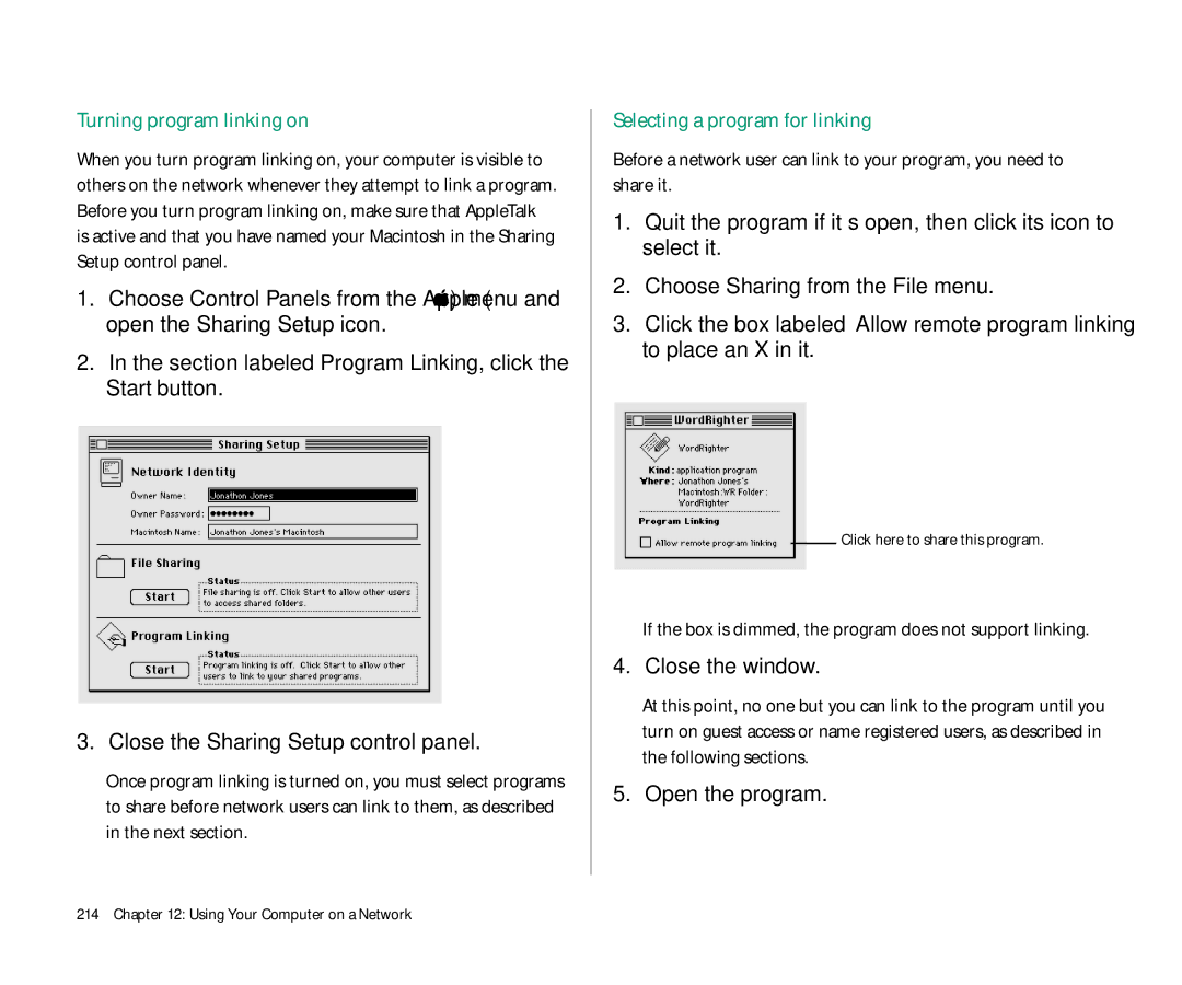 Apple 145 Turning program linking on, Selecting a program for linking, Open the program, Click here to share this program 