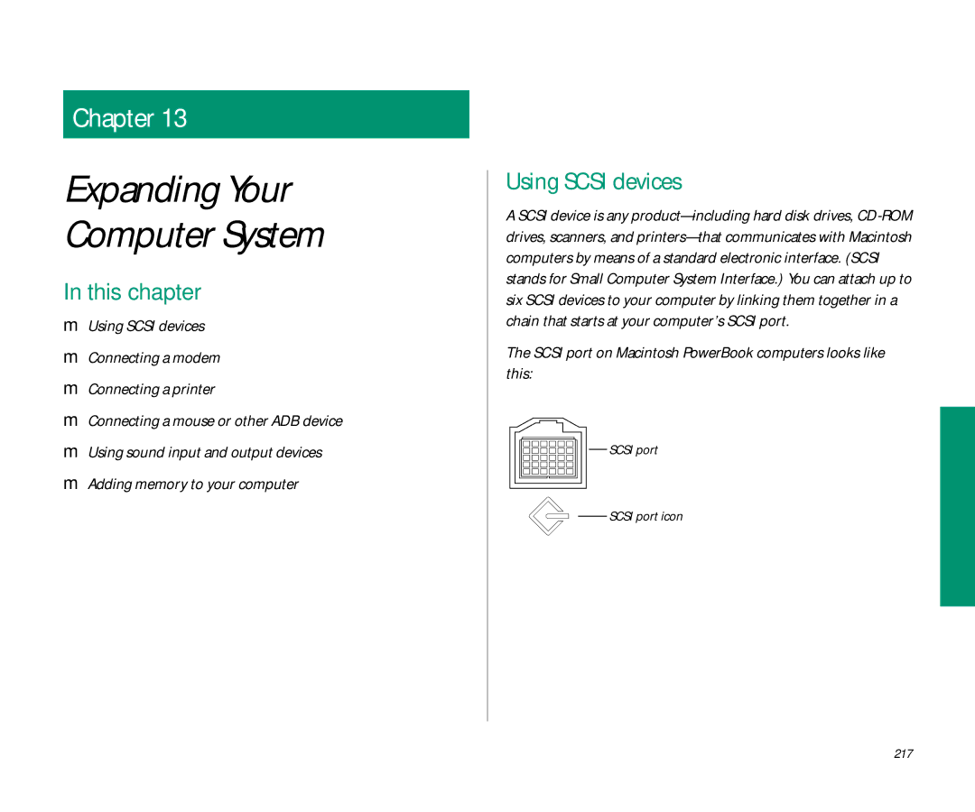 Apple 145 Using Scsi devices, Scsi port on Macintosh PowerBook computers looks like this, Scsi port Scsi port icon 217 