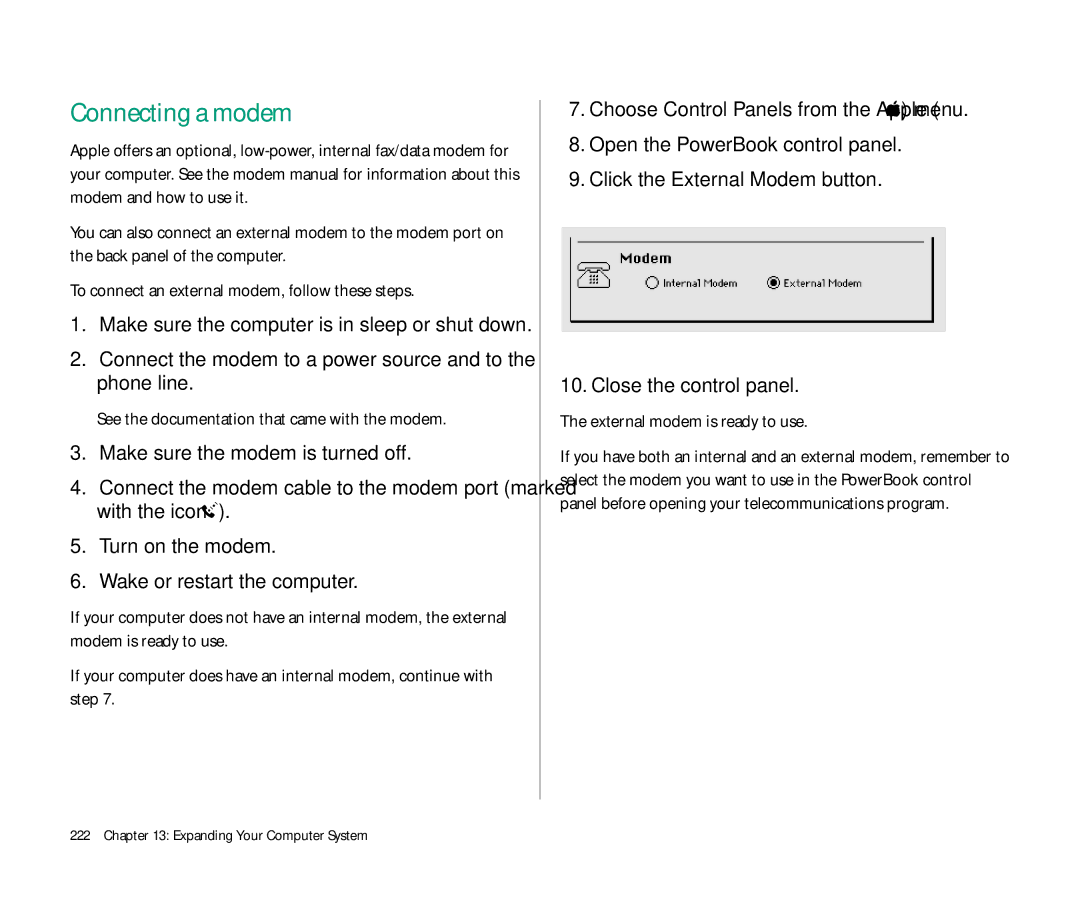 Apple 145 Connecting a modem, Connect the modem to a power source and to the phone line, External modem is ready to use 