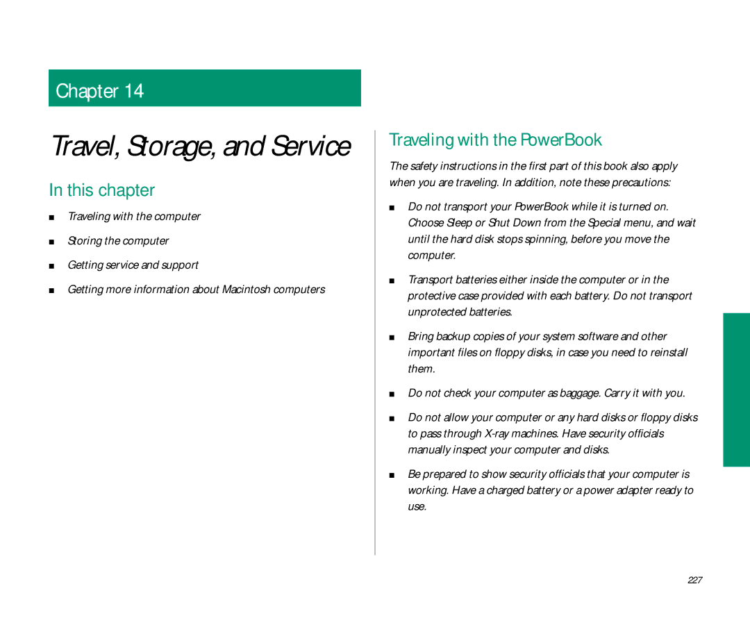 Apple 145 manual Traveling with the PowerBook, Do not check your computer as baggage. Carry it with you, 227 