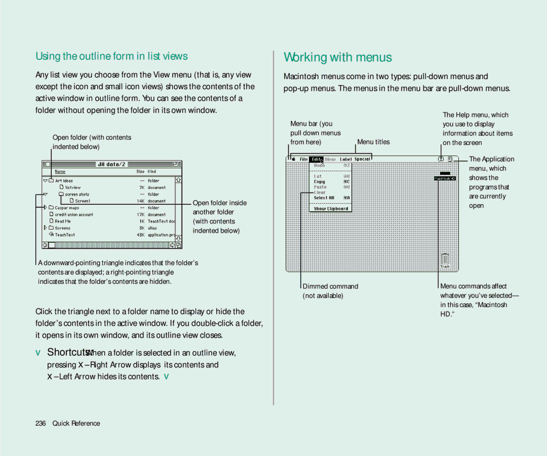 Apple 145 manual Working with menus, Using the outline form in list views 