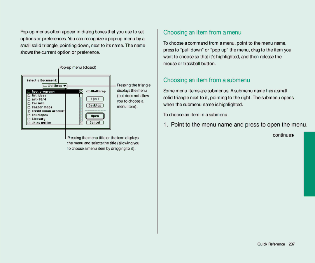 Apple 145 manual Choosing an item from a menu, Choosing an item from a submenu, To choose an item in a submenu 