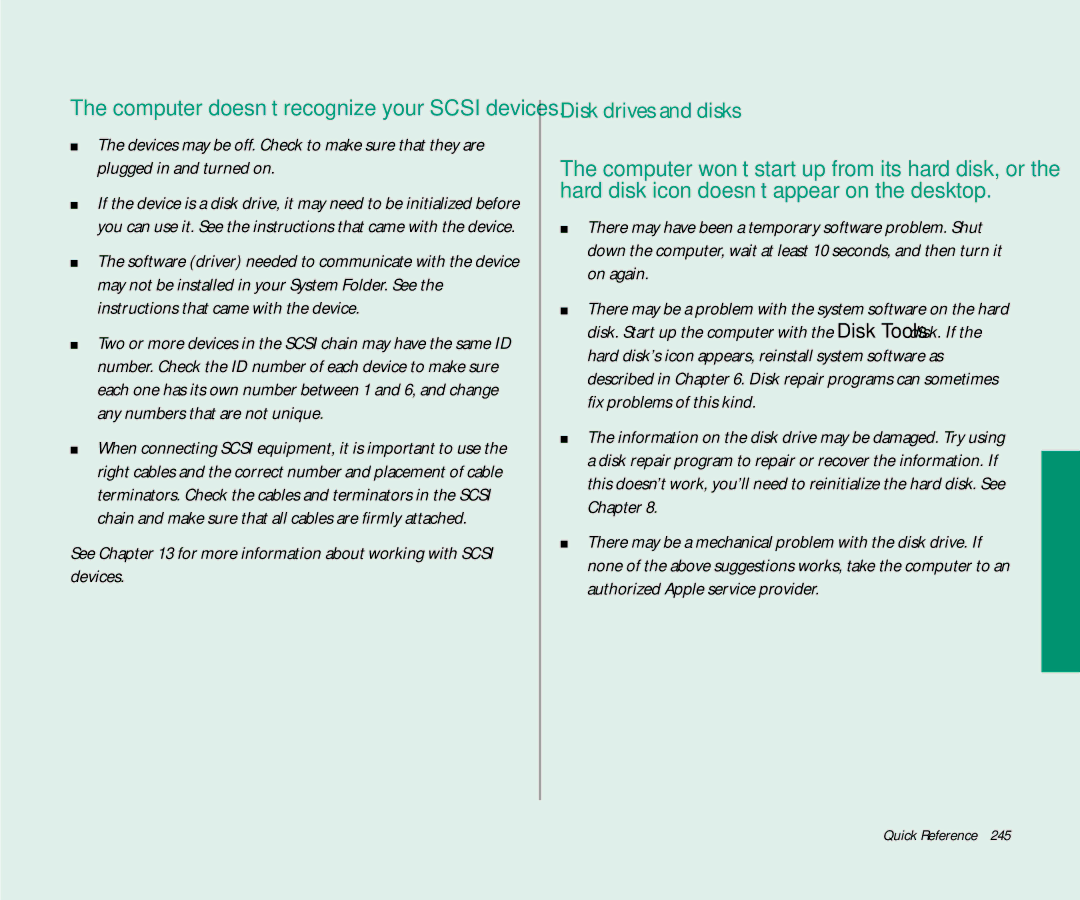 Apple 145 manual Disk drives and disks, See for more information about working with Scsi devices 