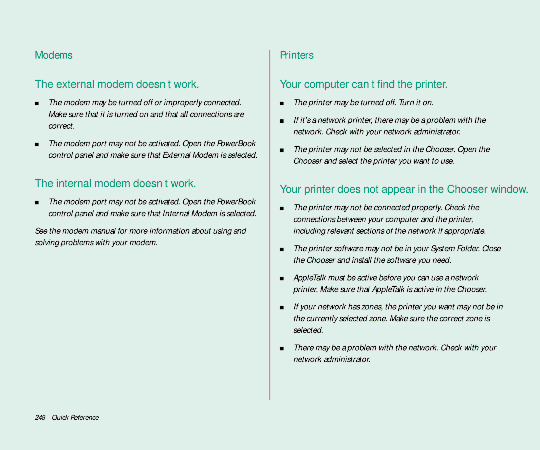 Apple 145 manual Modems, Printers, Printer may be turned off. Turn it on 