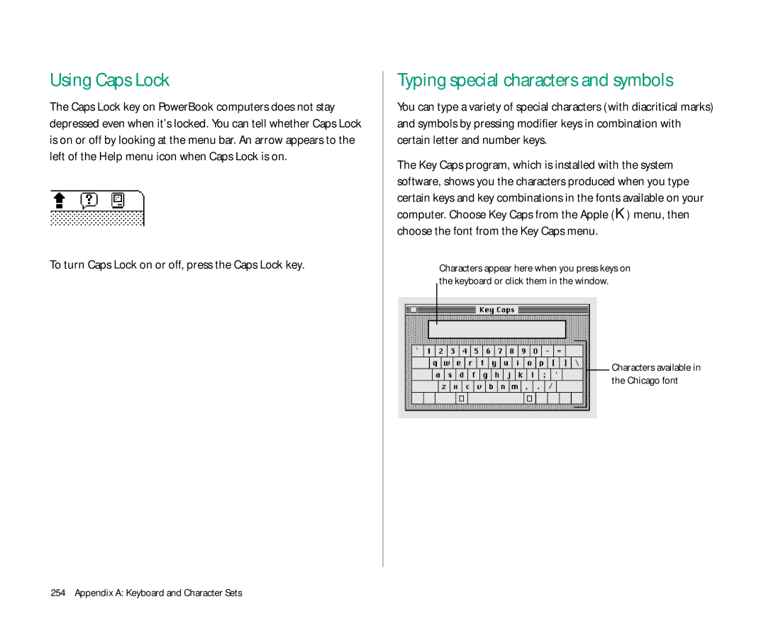 Apple 145 Using Caps Lock, To turn Caps Lock on or off, press the Caps Lock key, Appendix a Keyboard and Character Sets 