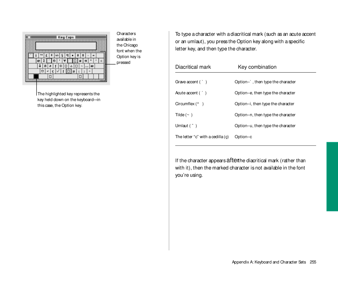 Apple 145 manual Diacritical mark Key combination, Option-c 