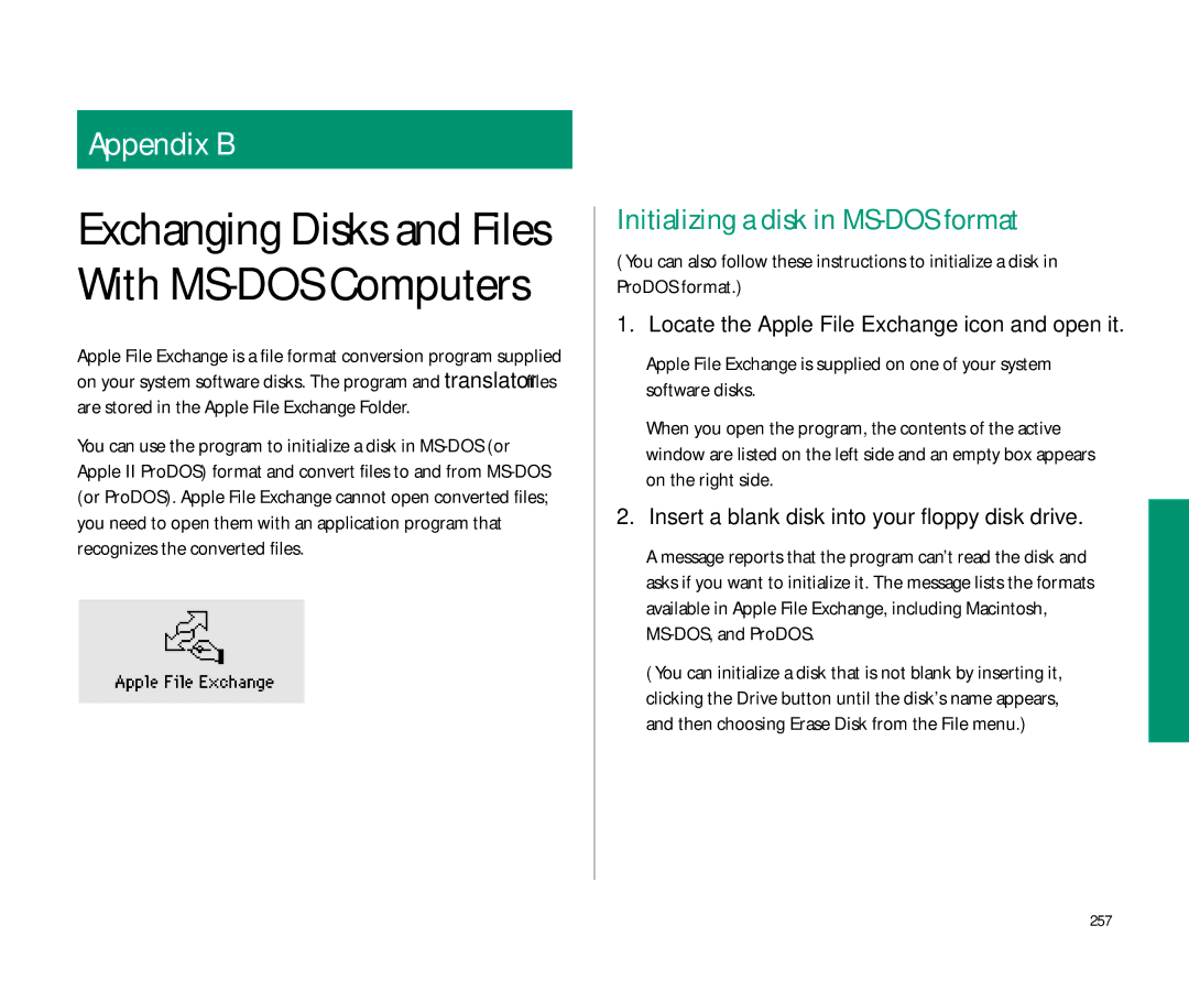 Apple 145 manual Initializing a disk in MS-DOS format, Locate the Apple File Exchange icon and open it, 257 