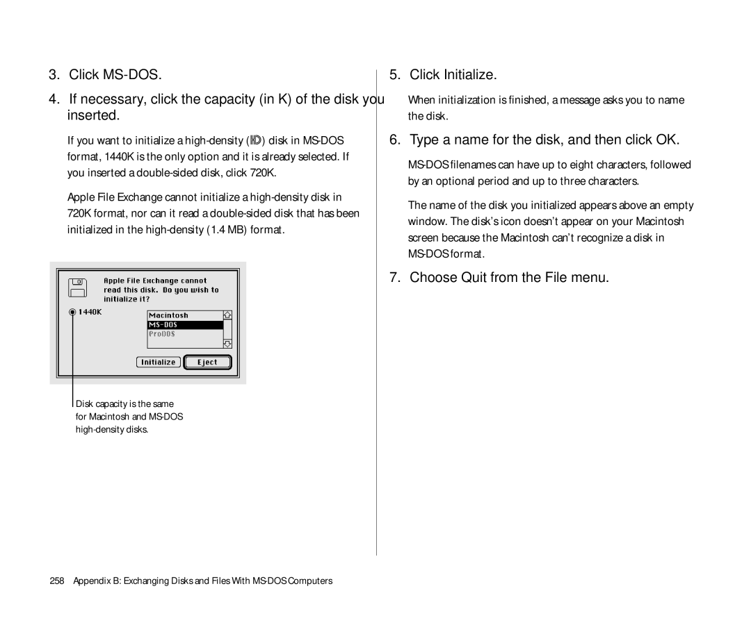 Apple 145 manual Type a name for the disk, and then click OK, Appendix B Exchanging Disks and Files With MS-DOS Computers 