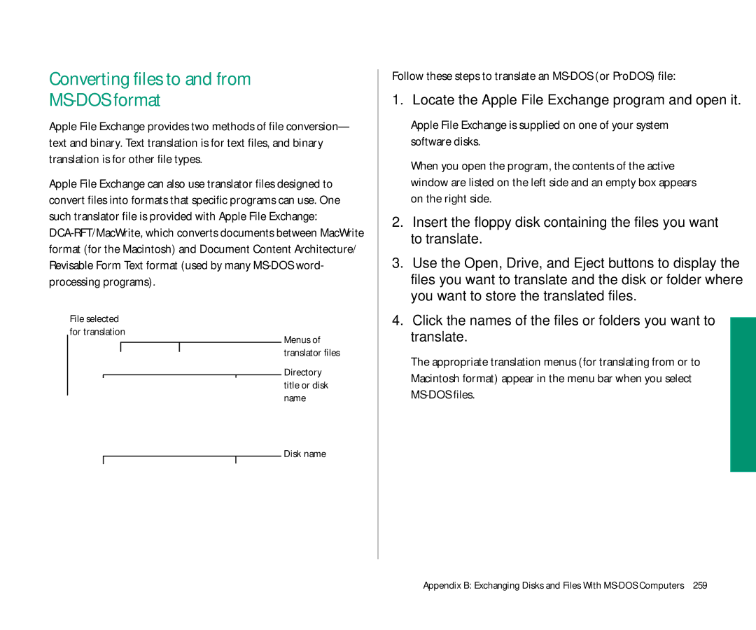 Apple 145 Converting files to and from MS-DOS format, Follow these steps to translate an MS-DOS or ProDOS file, Disk name 