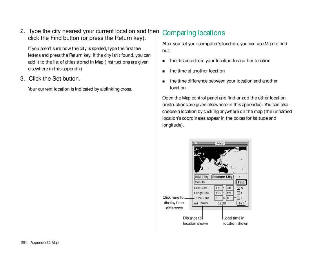 Apple 145 manual Comparing locations, Click the Set button, Your current location is indicated by a blinking cross 