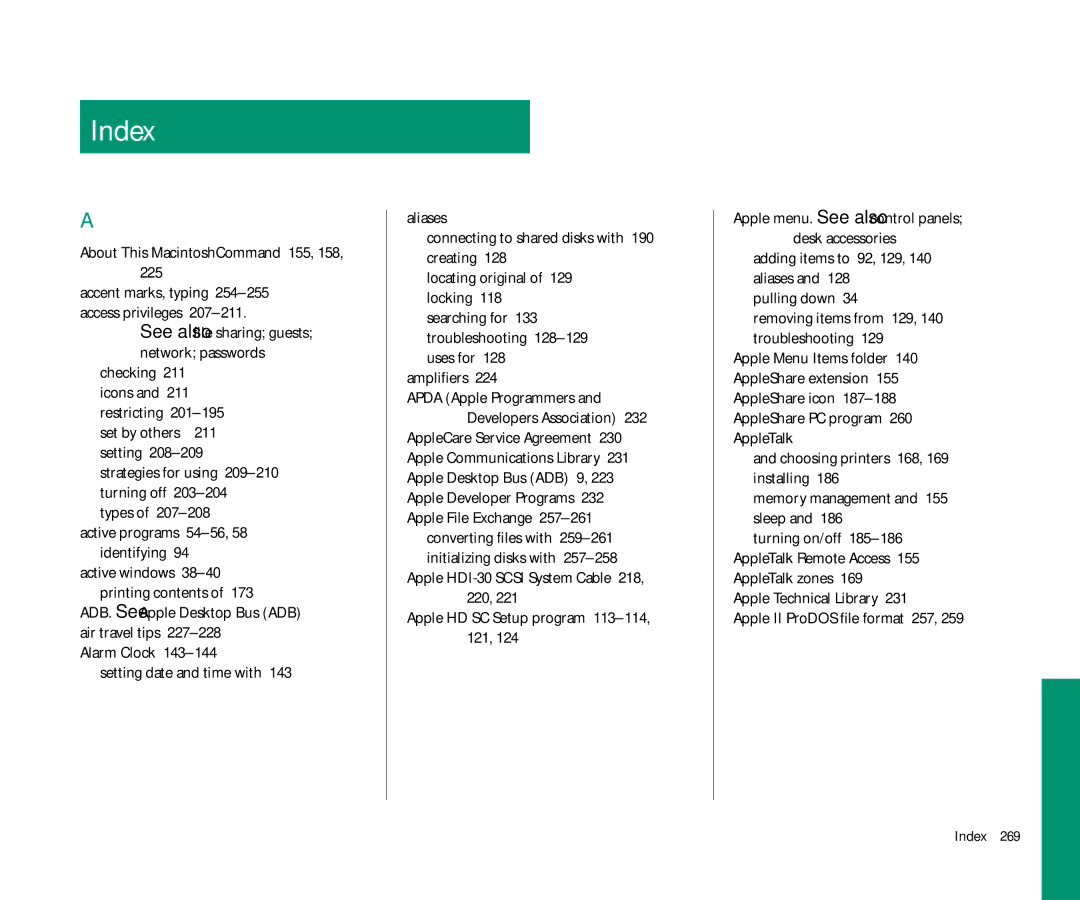 Apple 145 About This MacintoshCommand 155, 158 Accent marks, typing, Network passwords, Restricting, Setting, Amplifiers 