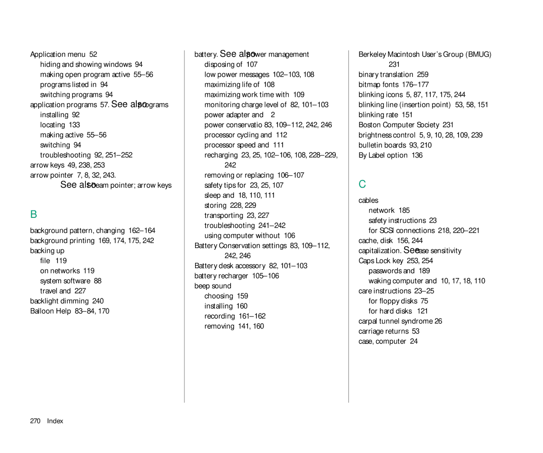 Apple 145 Application menu, Processor speed Recharging 23, 25, 102-106, 108, 228-229, Berkeley Macintosh User’s Group Bmug 