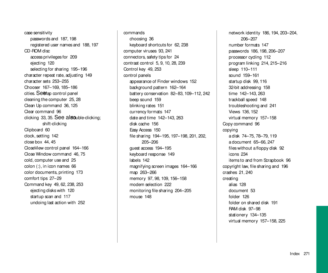 Apple 145 manual Control panels, Battery conservation 82-83, 109-112, 242 beep sound, Magnifying screen images 164-166map 