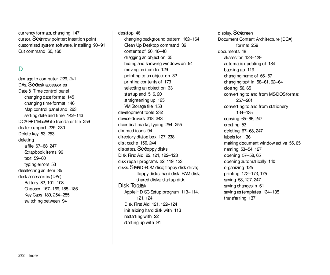 Apple 145 manual Currency formats, changing, Delete key 53, 253 deleting, Desktop, Dragging an object on 