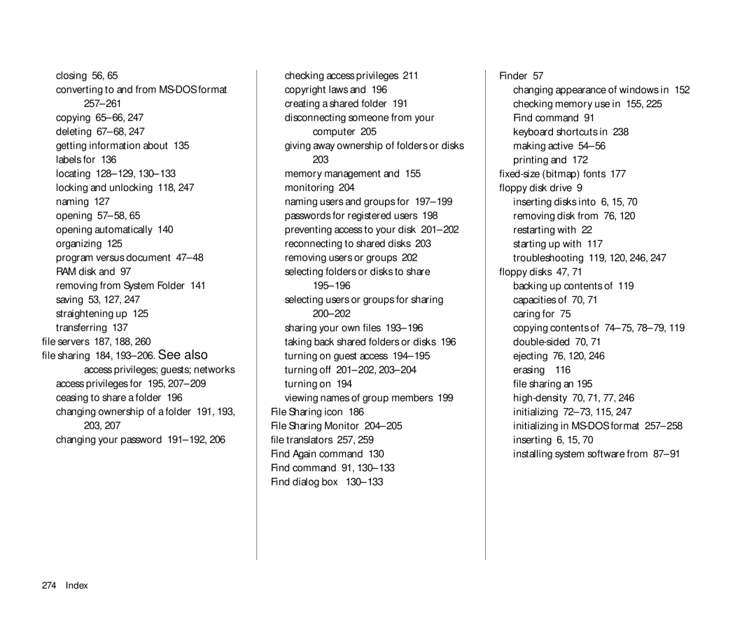 Apple 145 manual 203, Finder, Changing your password 191-192, Copying contents of 74-75, 78-79, 119 double-sided 70 