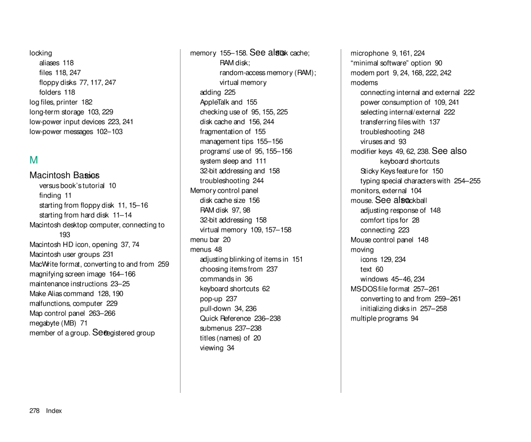 Apple 145 manual Macintosh desktop computer, connecting to, Viruses, Mouse control panel 148 moving Icons 129, 234 text 