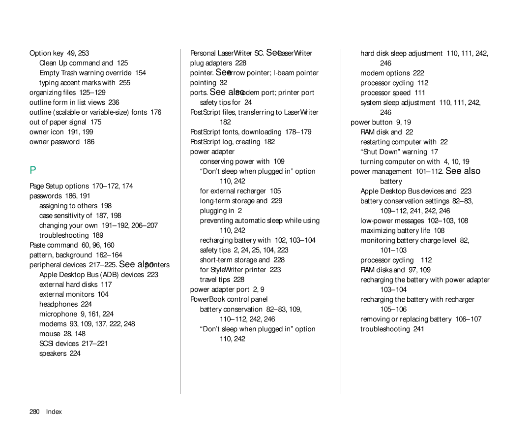 Apple 145 Option key 49, Changing your own 191-192, 206-207troubleshooting, Preventing automatic sleep while using 110 