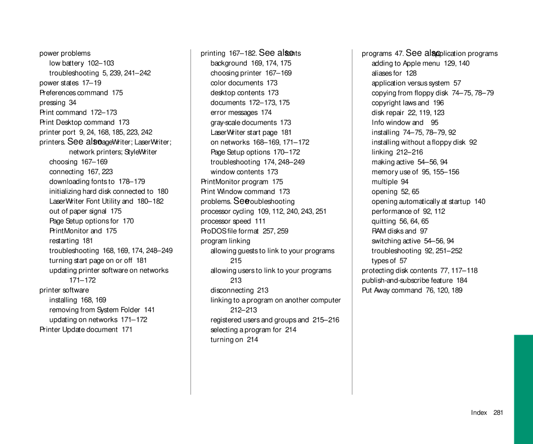 Apple 145 manual Power problems, 171-172, Printer Update document Printing 167-182. See also fonts 