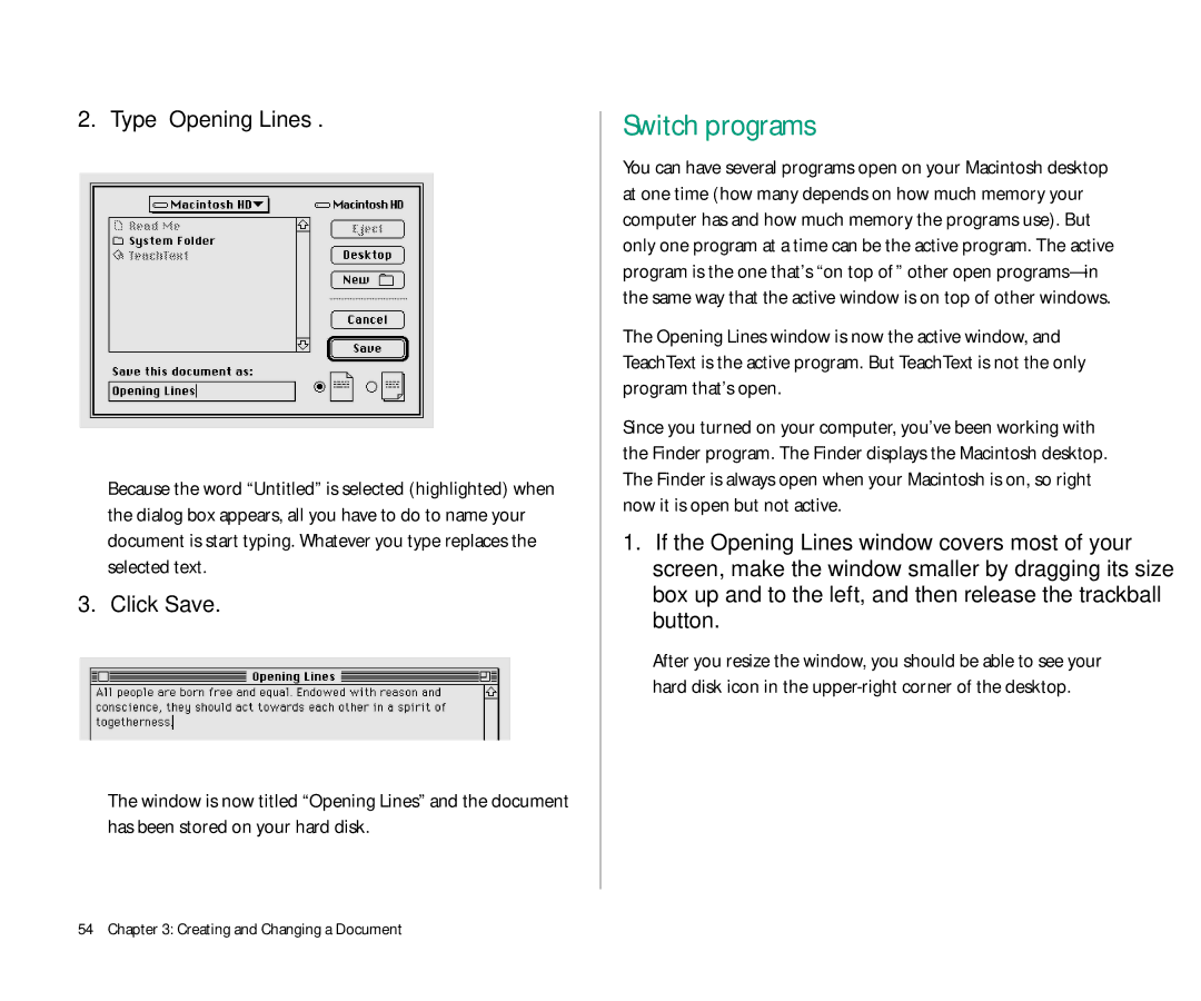 Apple 145 manual Switch programs, Type Opening Lines, Click Save 