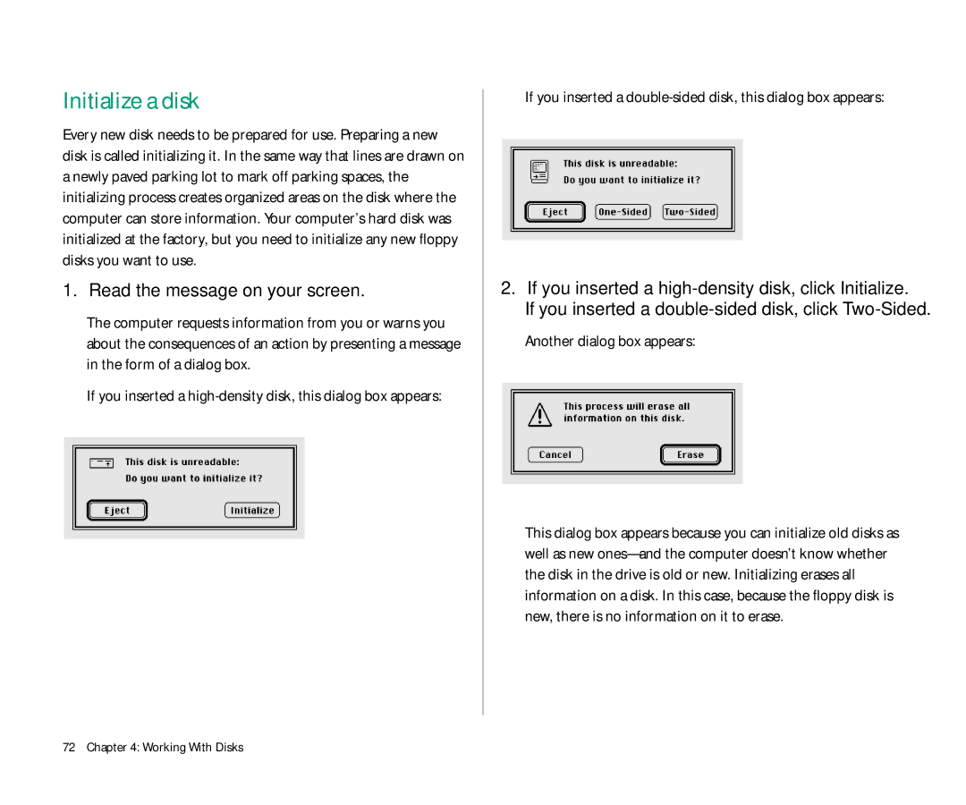 Apple 145 manual Initialize a disk, Read the message on your screen, Another dialog box appears 