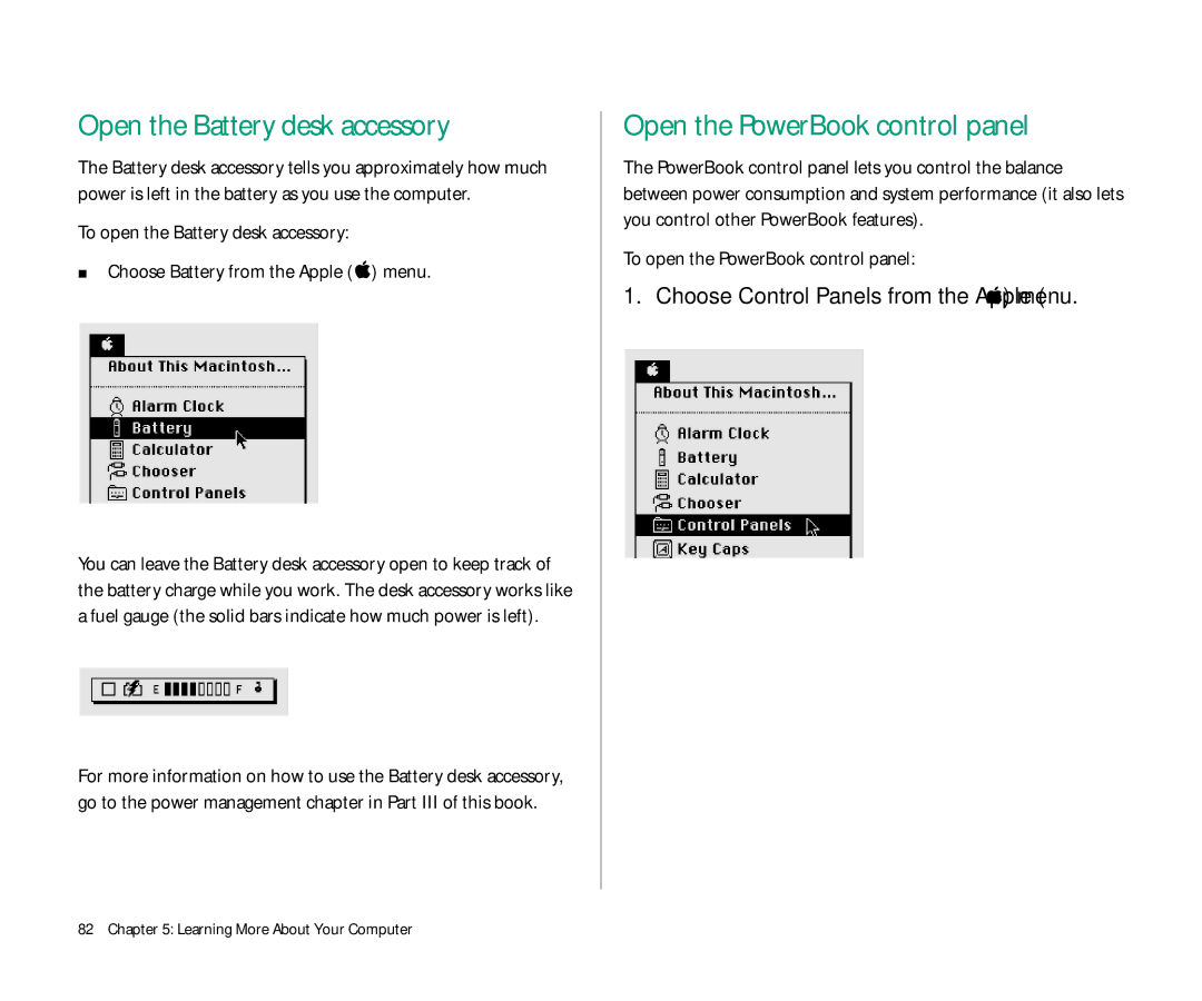 Apple 145 manual Open the Battery desk accessory, Open the PowerBook control panel, To open the PowerBook control panel 